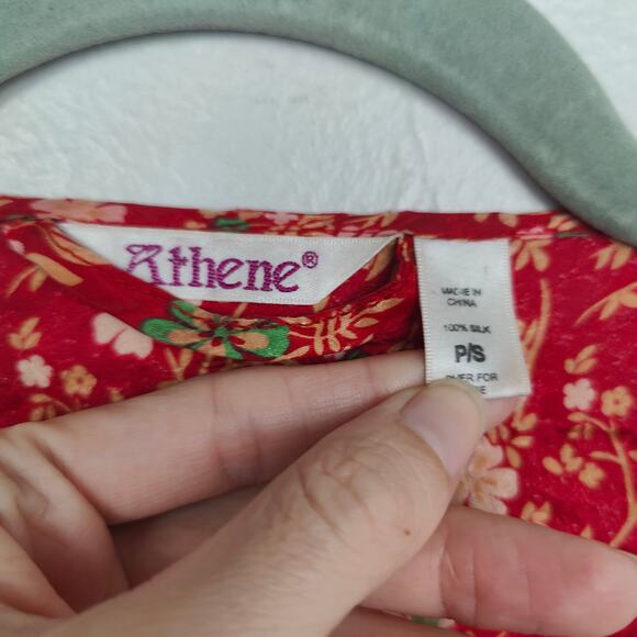 Vintage Athene Silk Robe Womens Small Red Micro Floral Boho Open Fit Festival‎ - Picture 6 of 8